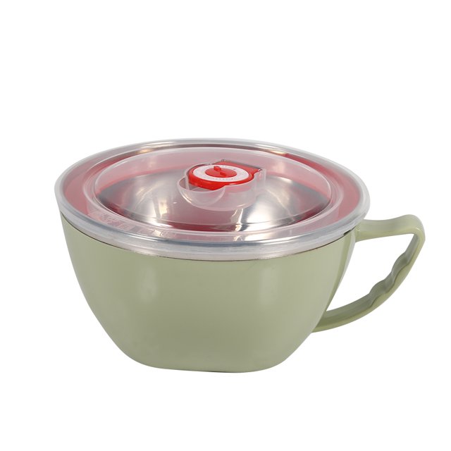 Cuenco multifuncional para fideos instantáneos de acero inoxidable de doble capa con asa, 900 ml, verde