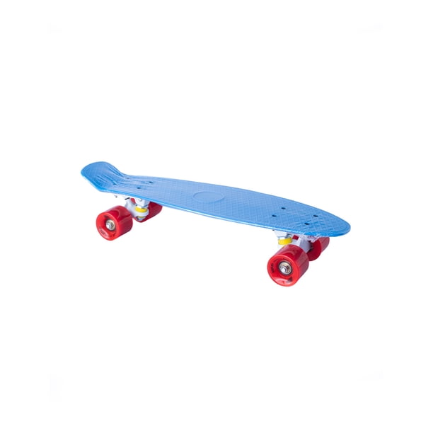 Patineta semiprofesional minicruiser tipo penny con deck azul, trucks blancos y ruedas rojas Display Penny minicruiser