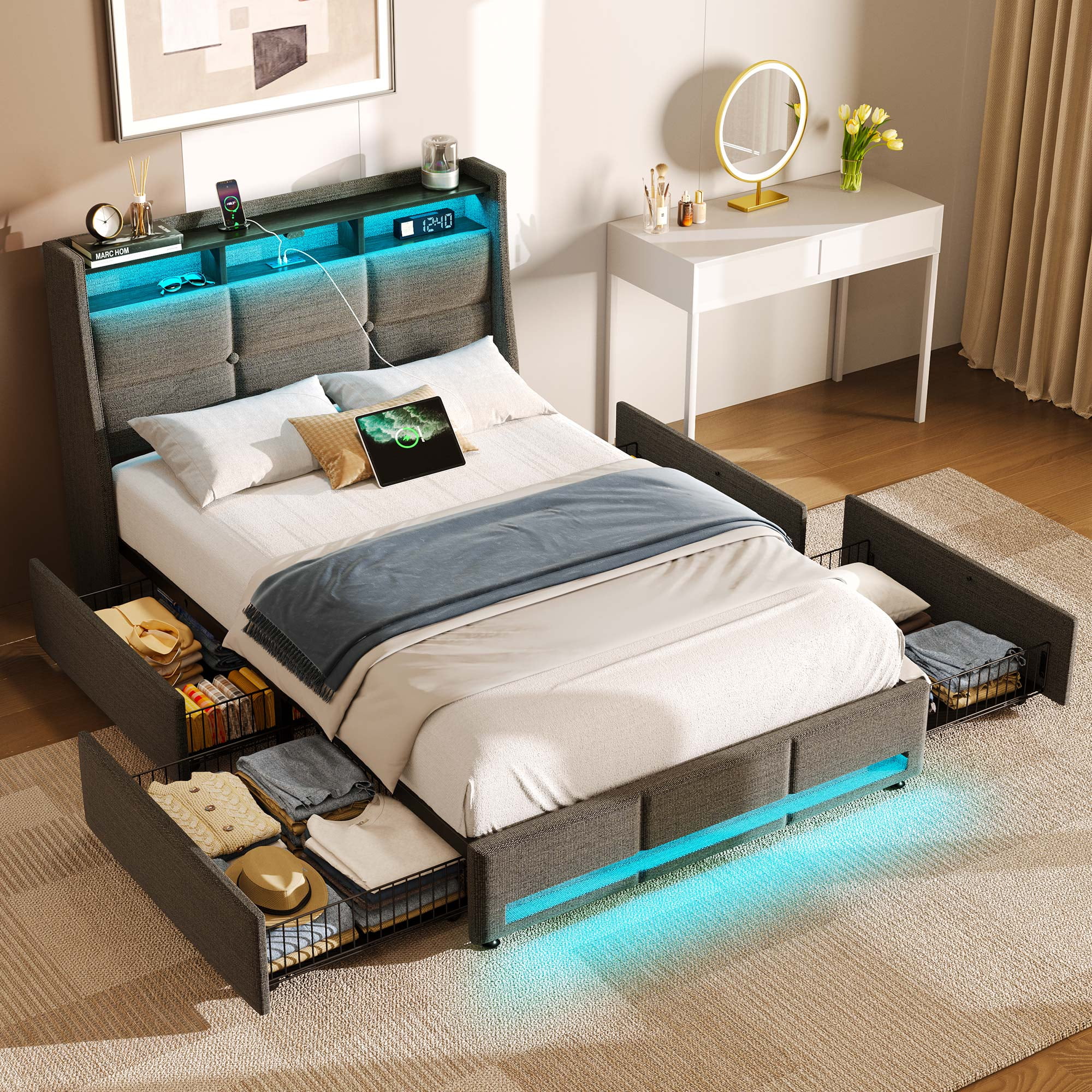 Greenstell Twin LED Storage Bed Frame - Charging Station, App Control, 900LBS Capacity, Dark Gray