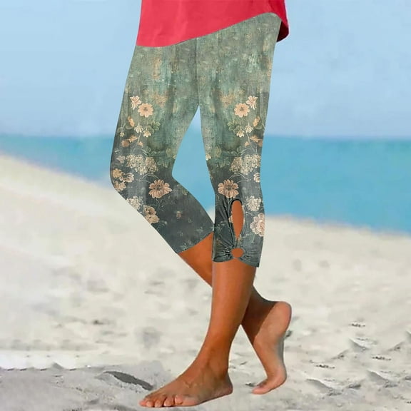 Aboser Women Knee Length Capri Leggings Floral Print Boho Capris Pants High Waist Beach Yoga Pants Stretchy Butt Lifting Lounge Pants Tummy Control Cropped Legging