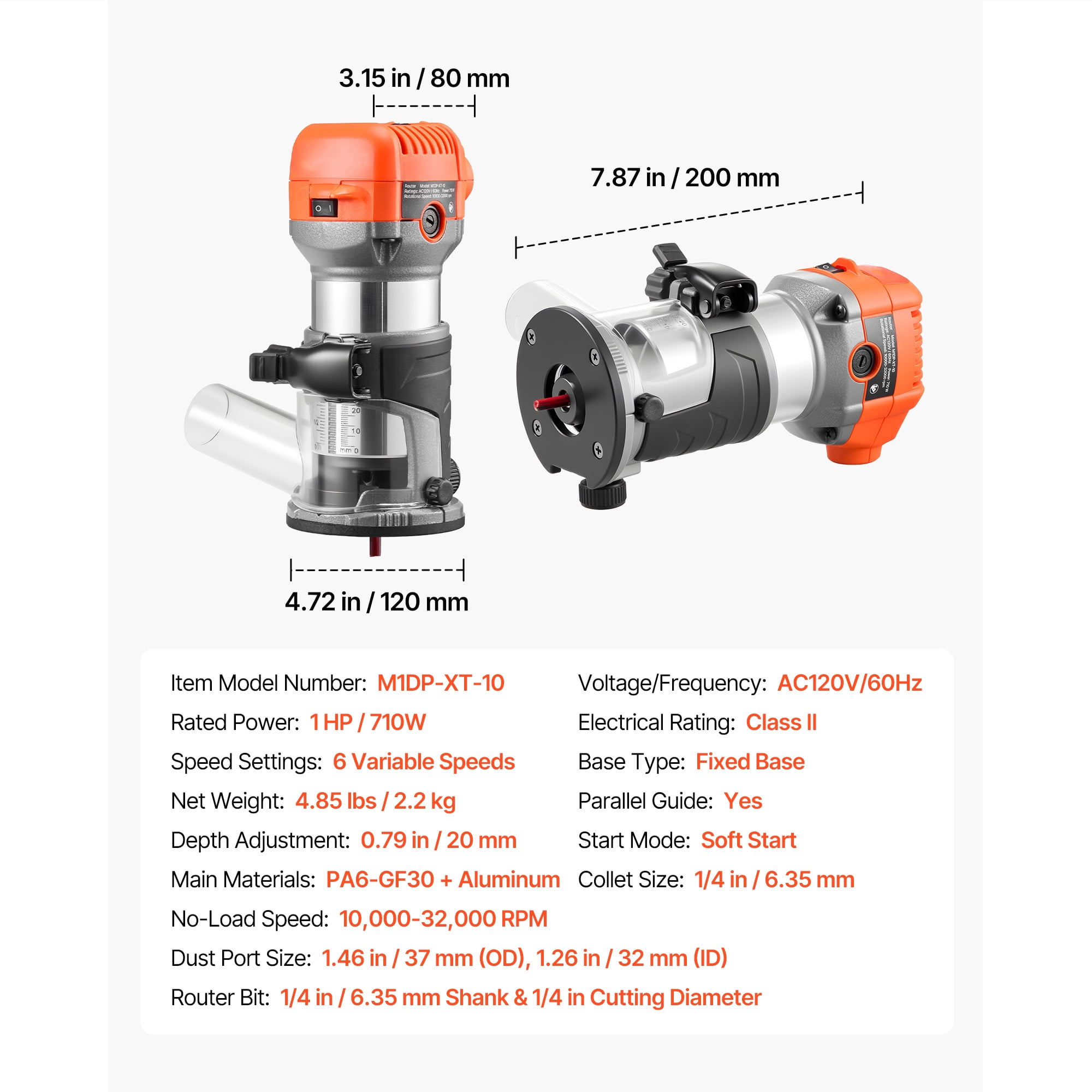 KFFKFF Compact Wood Router, 1 HP 710W, Adjustable Speed Palm Router Tool with Smooth Start, Fixed Base & 1/4-Inch Collet, Dust Cover, Ideal for Woodworking, Edging, DIY Tasks, Corded