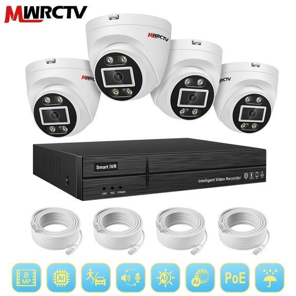 2-Way Audio PoE Security Camera System,4pcs Wired 4MP Dome IP Camera for Home Security,110°Wide Angle Lens,Smart Dual Light,Human&Vehicle Detection,8 Port 16CH 4K NVR,24/7 Recording(No HDD)