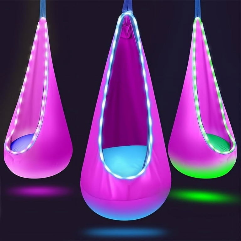 Uutvmp Light Up Kids Pod Swings Seat, Upgraded Kids Hanging Hammocks Swings with LED Lights, Cotton Sensory Pod Swings Chair with Inflatable Pillow, Pod Swings for Kids Indoor & Outdoor