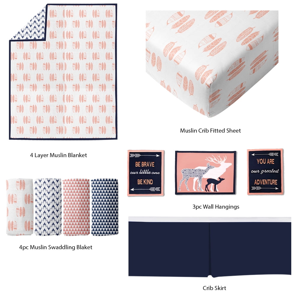 Bacati - Tribal Coral/Navy Feathers/Buck/Triangles Muslin Girls Crib Bedding Set