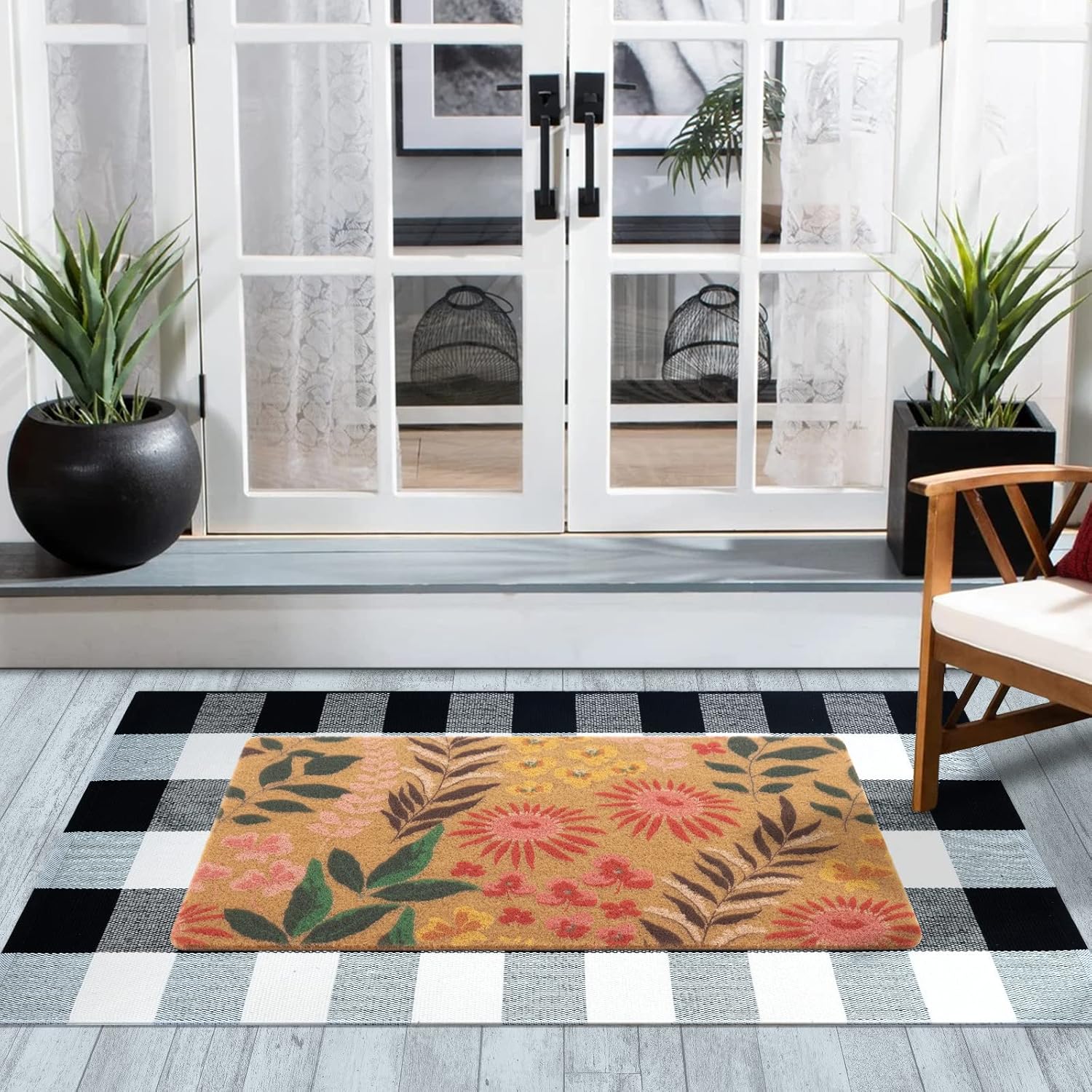Artificial Coir Doormat with Non-Slip Backing for Indoor and Outdoor 17 x 30 inch Front Door Welcome Mat Spring Summer Seasonal Doormat, Blossom