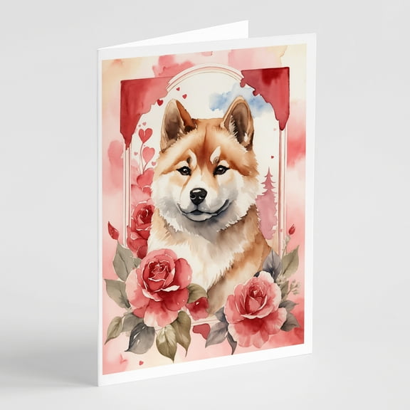 Akita Valentine Roses Greeting Cards Pack of 8 7 in x 5 in