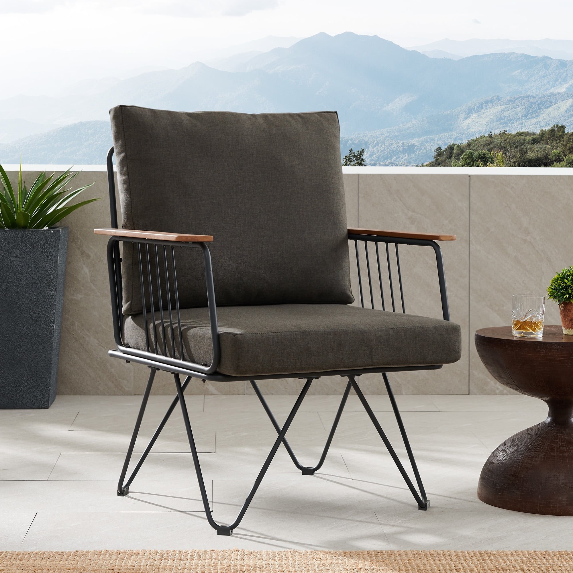 Manor Park Modern Hairpin Leg Metal and Wood Patio Chair, Clove Brown