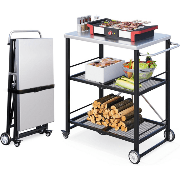 YKITRD Outdoor BBQ Cart, Courtyard, Mobile Rolling Table, Portable Folding BBQ Console, Home Terrace BBQ Storage Rack CartBlack-M