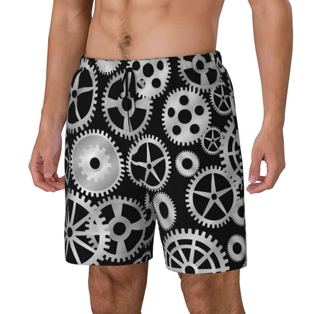 Kdxio Metallic Gears Print Mens Swim Shorts with Mesh Lining, Breathable and Quick-Drying, Adjustable Waist, Privacy Pocket-Small