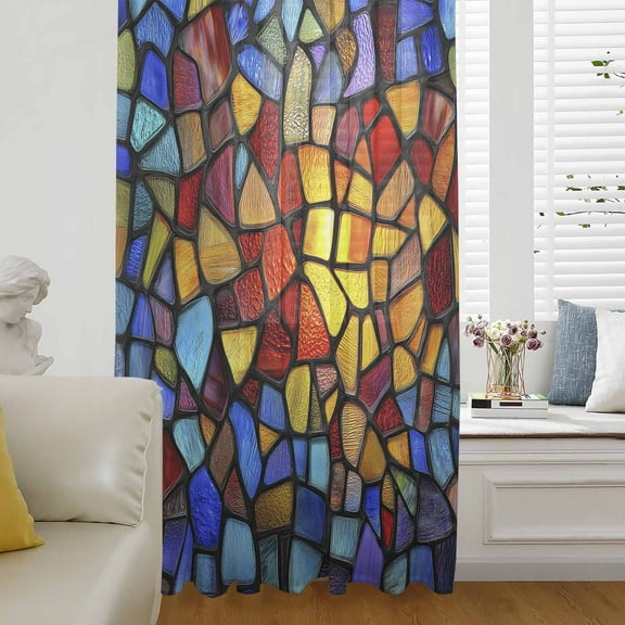 Blue Red Yellow Semi Sheer Curtains Drapes for Living Room, Bedroom, French Doors Window 96 Inches Long, Modern Colored Rainbow Stained Glass Rod Pocket Chiffon Curtain Drapery Voile Draperies Panel