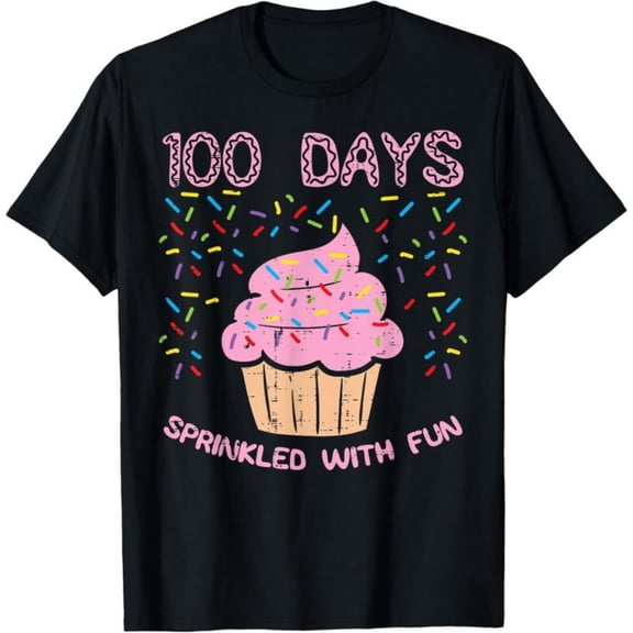 100 Days Sprinkled with Fun Cupcake 100th Day of School Girl T-Shirt, Back To School T-Shirt for Kids, Black, 180gsm, 100% Cotton