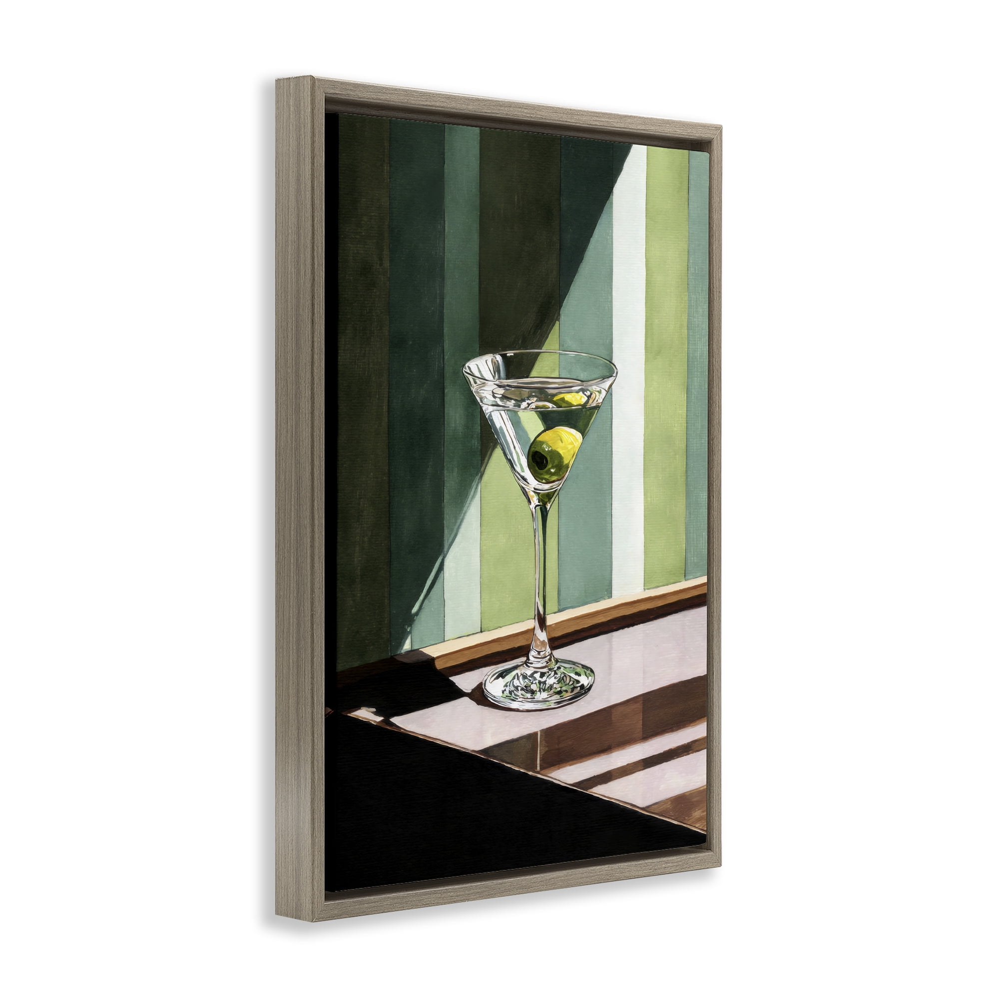 Stupell Industries Olive Martini in Sun Beam Brown Framed Floater Canvas Wall Art, design by Petal Prints Design