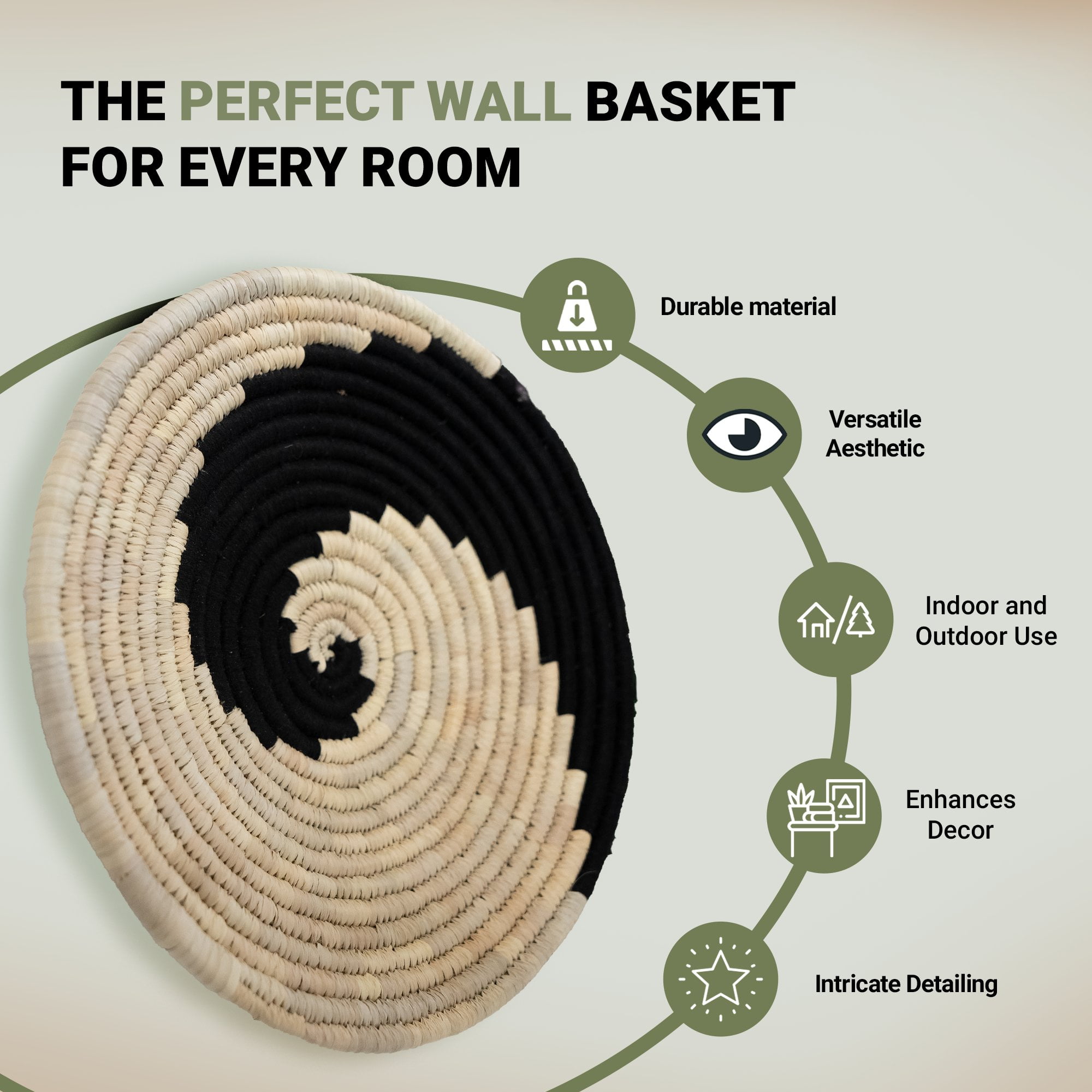 Amara Handmade Natural Grass Round Wall Basket, 12" Large Black & Beige Woven Basket Décor