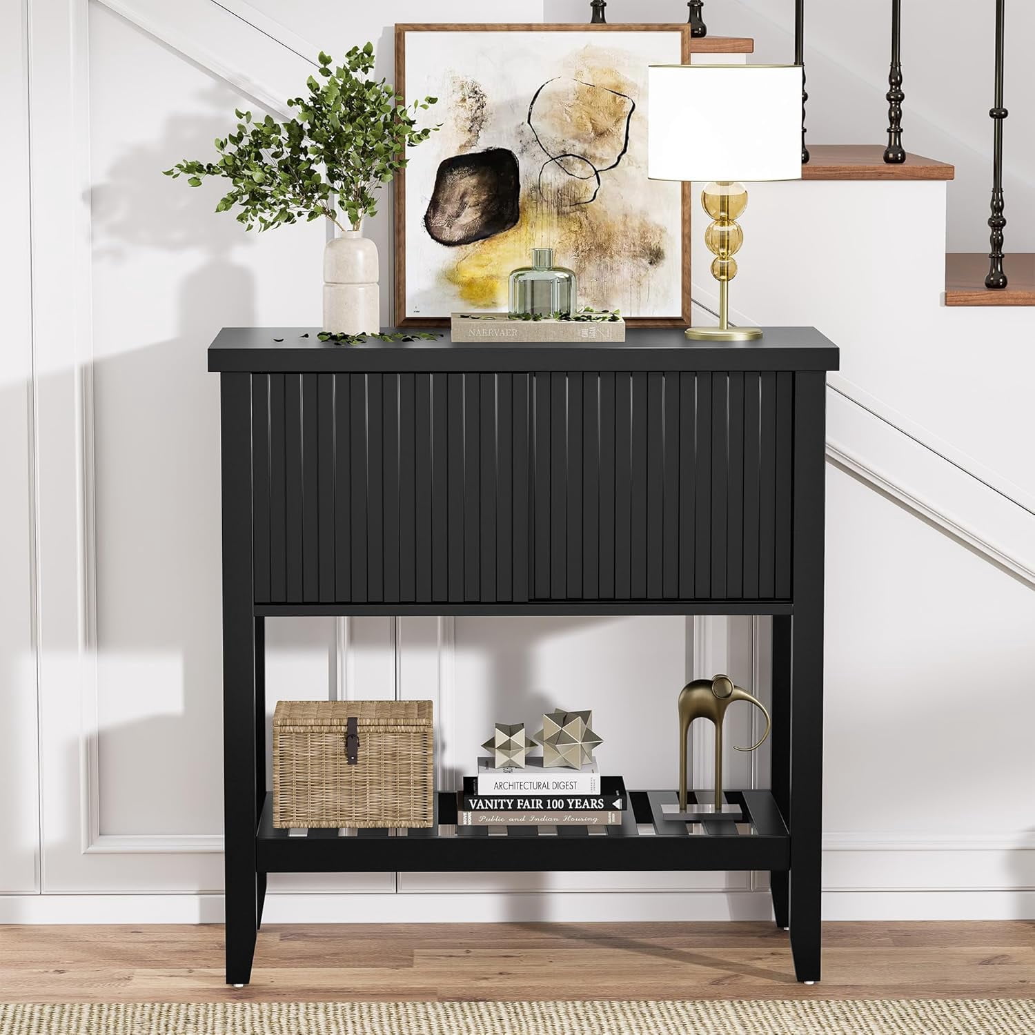 FROMJBEST 31.5" Black Entryway Console Table with Sliding Drawer Doors and Storage Shelf for Hallway, Living Room, or Office