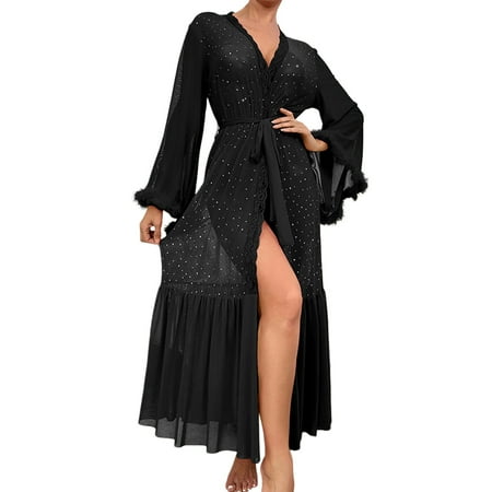 Tosmy Pajamas For Women Female Lace Kimono Robe Sexy Lingerie Mesh Chemise Nightgown Cover Up Comfy Loungewear