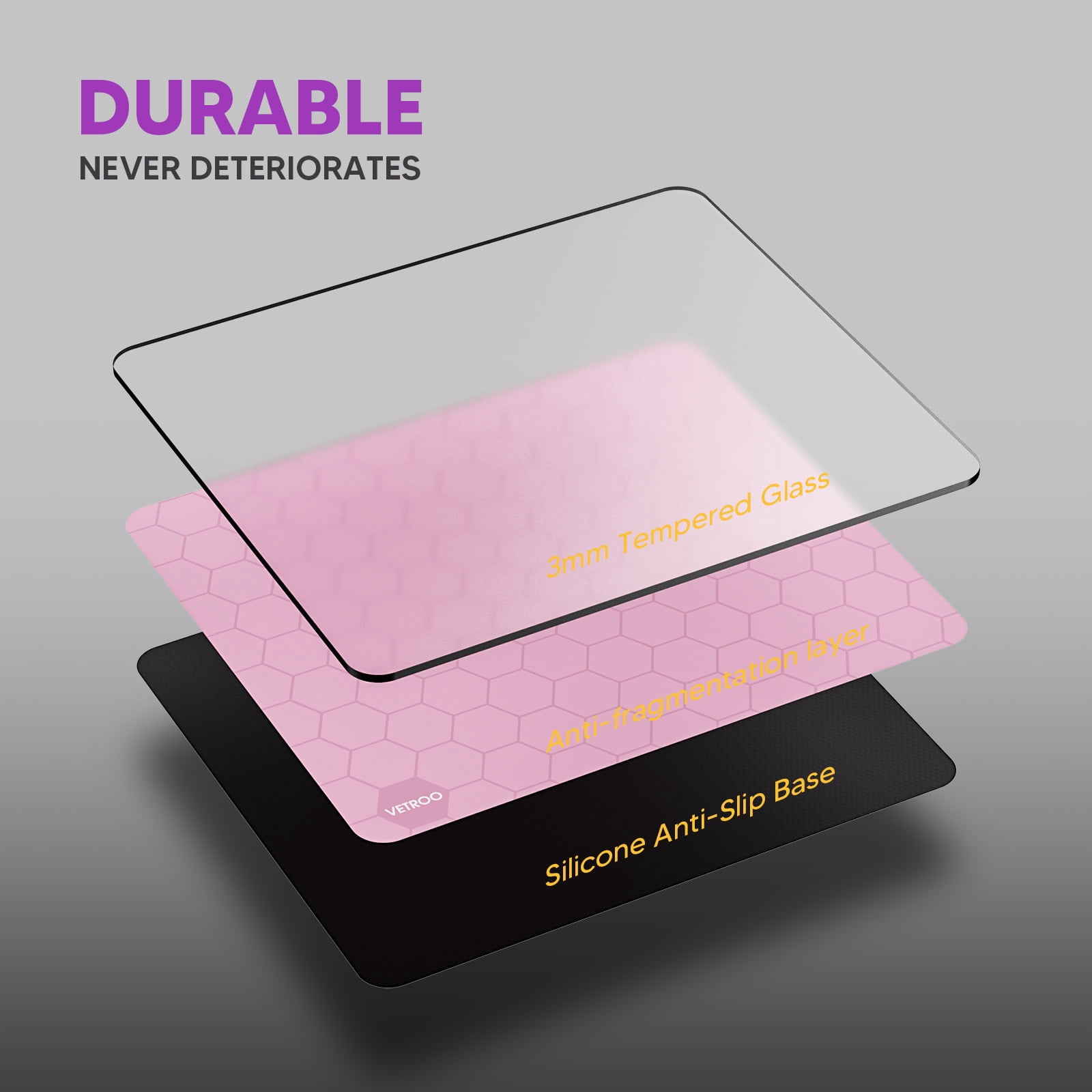 Vetroo GMP300 Tempered Glass Gaming Mouse Pad, Micro-Etched 3mm Tempered Glass with Silicone Anti-Slip Base, Multi-Layer Curing, Smooth Operation for Esport & Work - Pink
