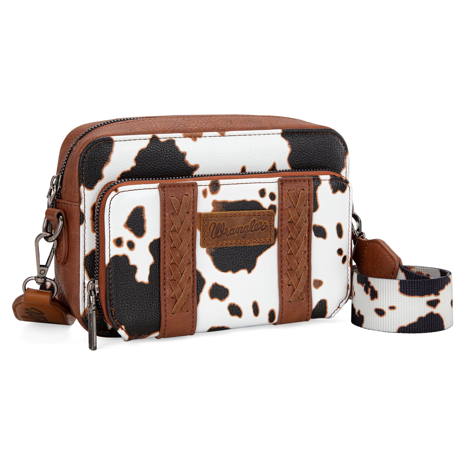 Wrangler Cow Print Crossbody Bag for Women Western Cowgirl Crossbody Purses with Guitar Strap, Brown