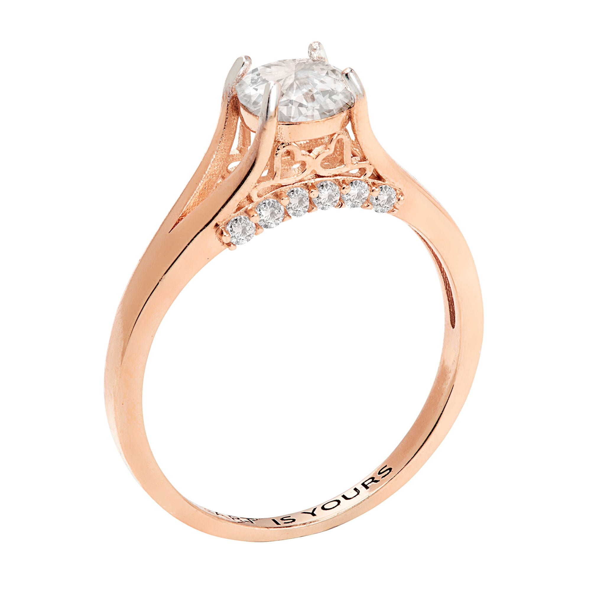 Vow & Forever Personalized Planet Bridal 14K Rose Gold over Sterling Silver Brilliant White Topaz Engraved Wedding Ring ,Women's