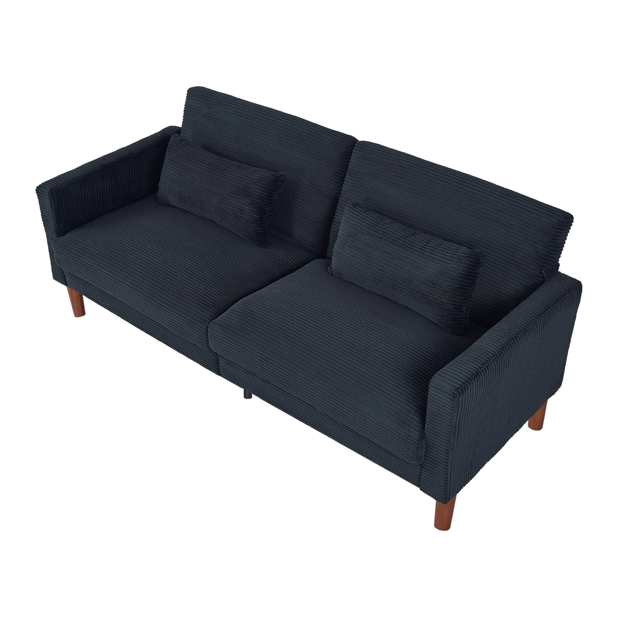 Comfy Futon Sofa Corduroy Loveseat Couch with Pillow Cushion, Modern Sleeper Sofa Couch with Solid Leg for Living Room,Bedroom, Black