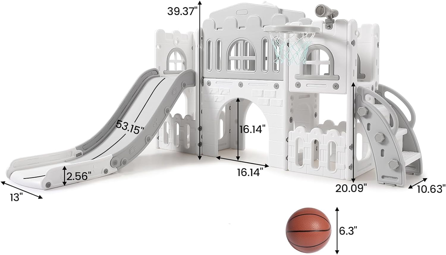 8 in 1 Toddler Slide Indoor Playground, Indoor Slide Toddler Playset for Toddlers 1-3, Kids Outdoor Playground with Slide, Basketball Hoop, Climber, Crawling Tunnel, Telescope, Grey & White