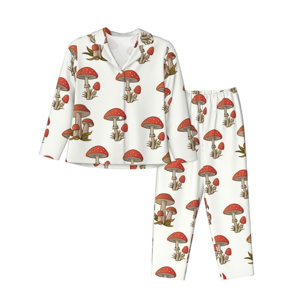 Balery Mushroom Conjunto de Pijama con Estampado para Mujer, Conjunto de Dos Piezas con Manga Larga, Ropa de Dormir Suave con Bolsillos, Pijamas Cómodos-Large