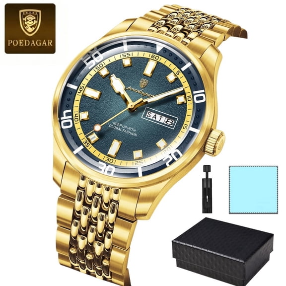 POEDAGAR Men Stainless Steel Quartz Watch Luxury Military Casual Wrist Watch with Luminous Hands Date Week Display Hardlex Crystal Waterproof Dress Wristwatch with Gift Box