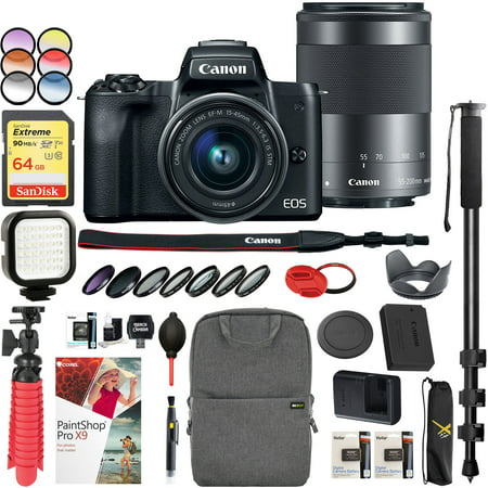 Canon EOS M50 Mirrorless Camera w/ 4K Video EF-M 15-45mm Lens and EF-M 55-200mm Lens Bundle with Backpack Monopod SanDisk 64GB SDXC Memory Card and Battery Kit