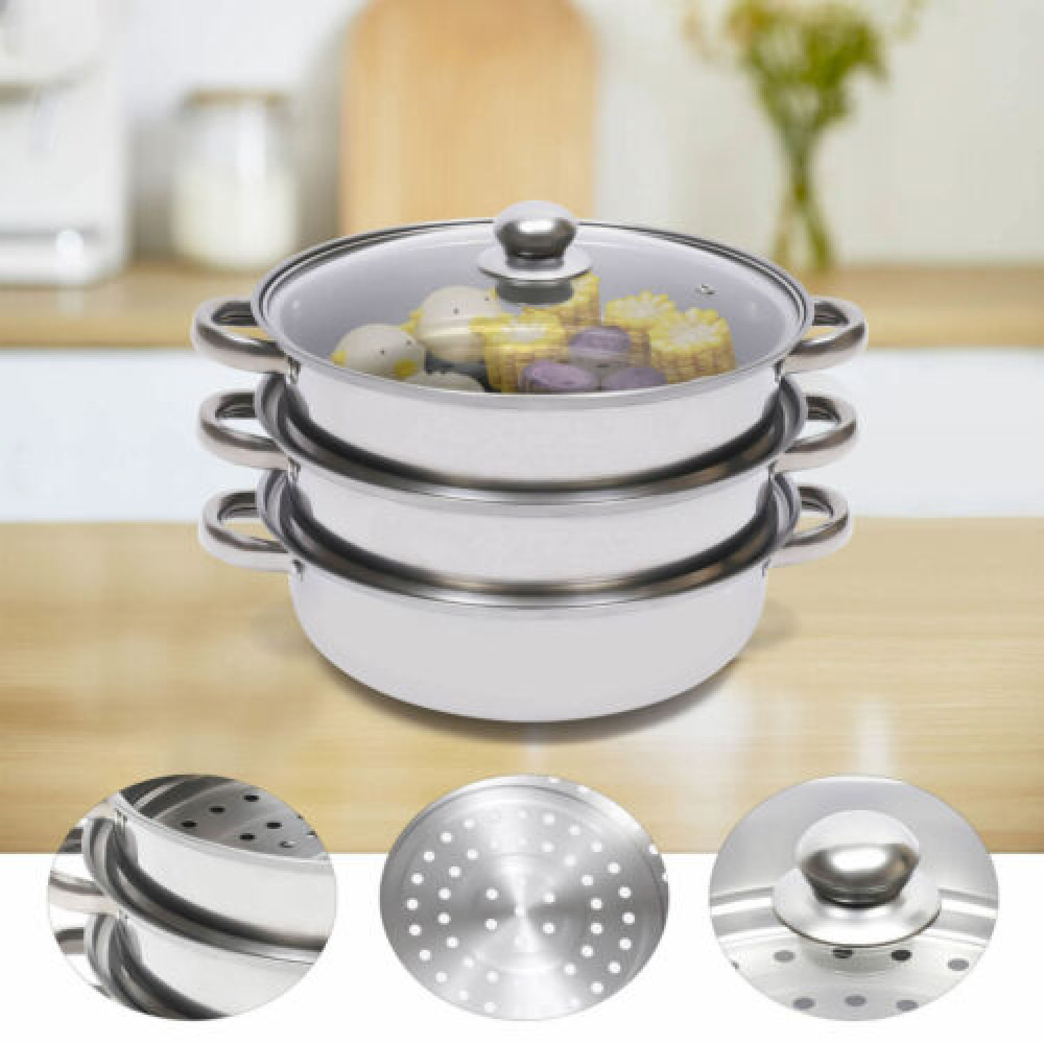 3 Tier Vegetable Steamer Pan Set Food Stainless Steel Pot Cooking Glass