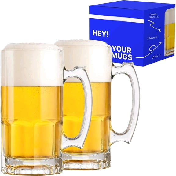 Glass Beer Mugs with Handle – 34 fl. oz. / 1L – Large & Heavy Beer Stein for Root Beer – Best Gift for Men Father Boyfriend Brother Dad – Set of 2$$