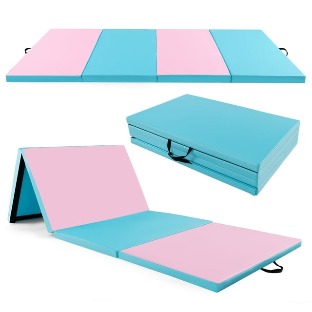 Costway 10" x 4" x 2" 4-Panel Folding Exercise Mat with Carrying Handles for Gym Yoga Pink&Blue