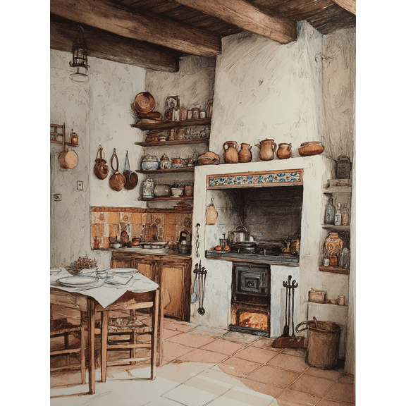 Rustic Kitchen Fireplace Canvas Print Wall Art Farmhouse Decor for Living Room Dining Room Country Home