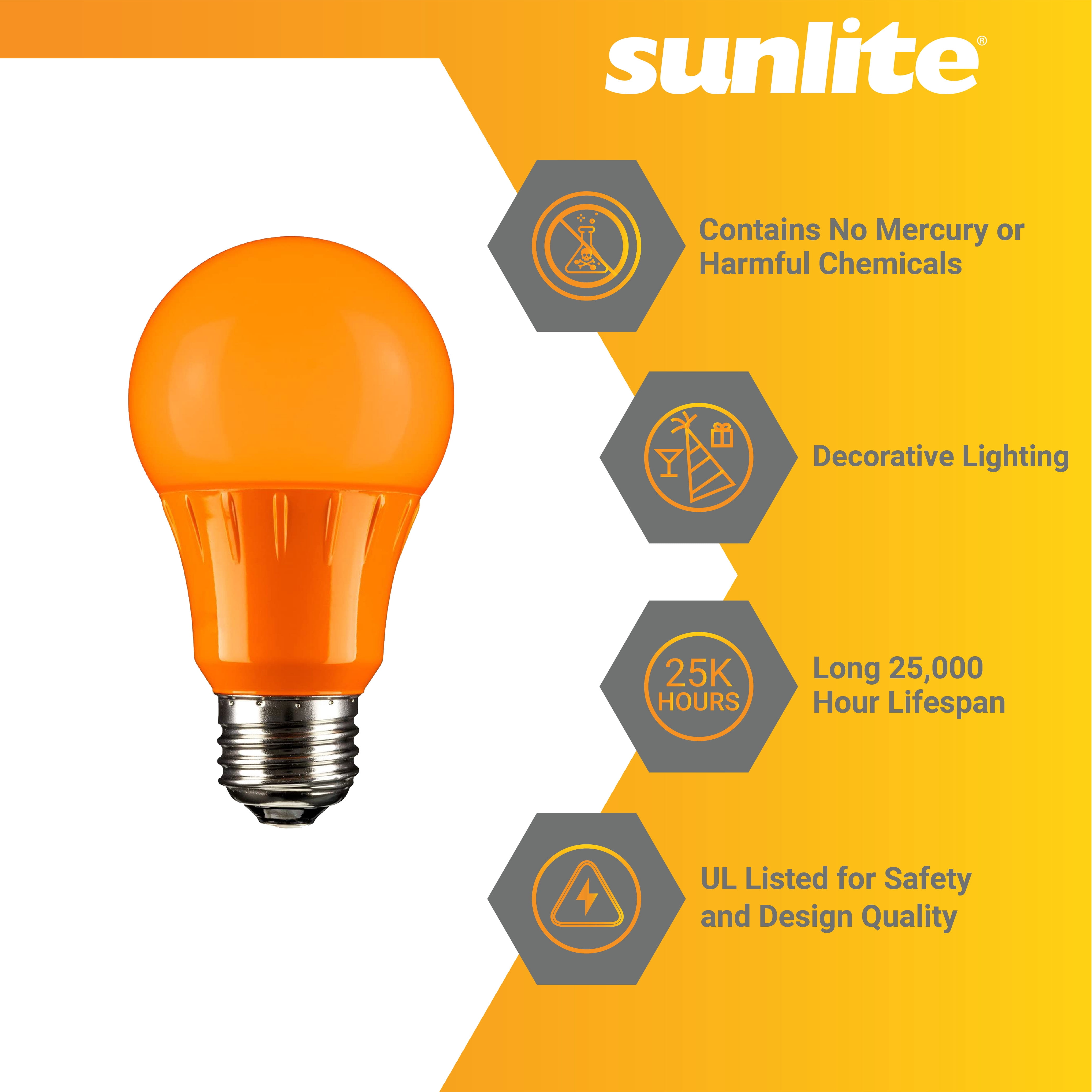 Sunlite LED A19 Colored Light Bulb, 3 Watts (25w Equivalent), E26 Medium Base, Non-Dimmable, UL Listed, Party Decoration, Holiday Lighting, Orange, 6 Pack