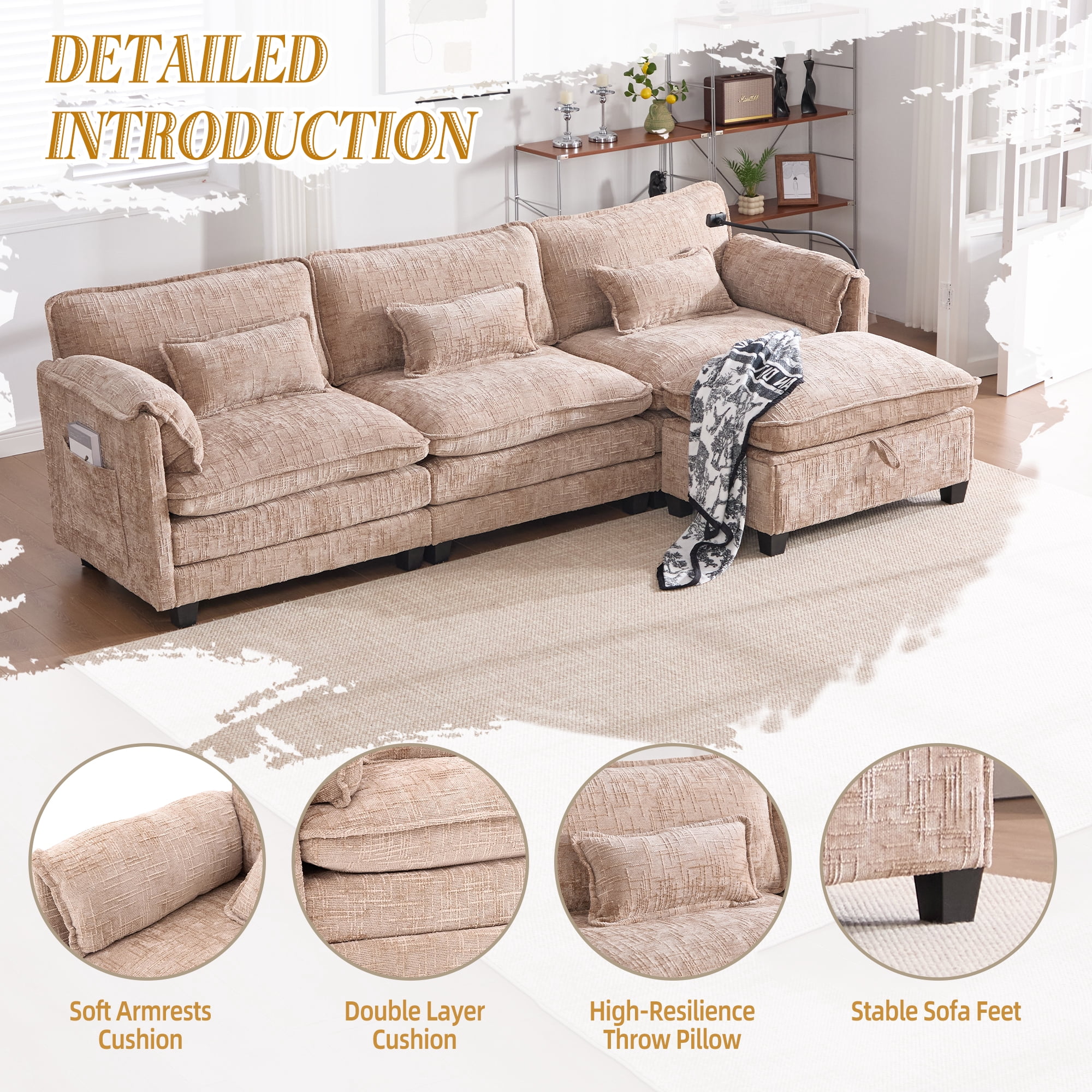 MOONMISS Chenille Upholstered L-shaped Modular Sectional Sleeper Sofa with Movable Storage Ottoman,USB&TYPE-C-Khaki