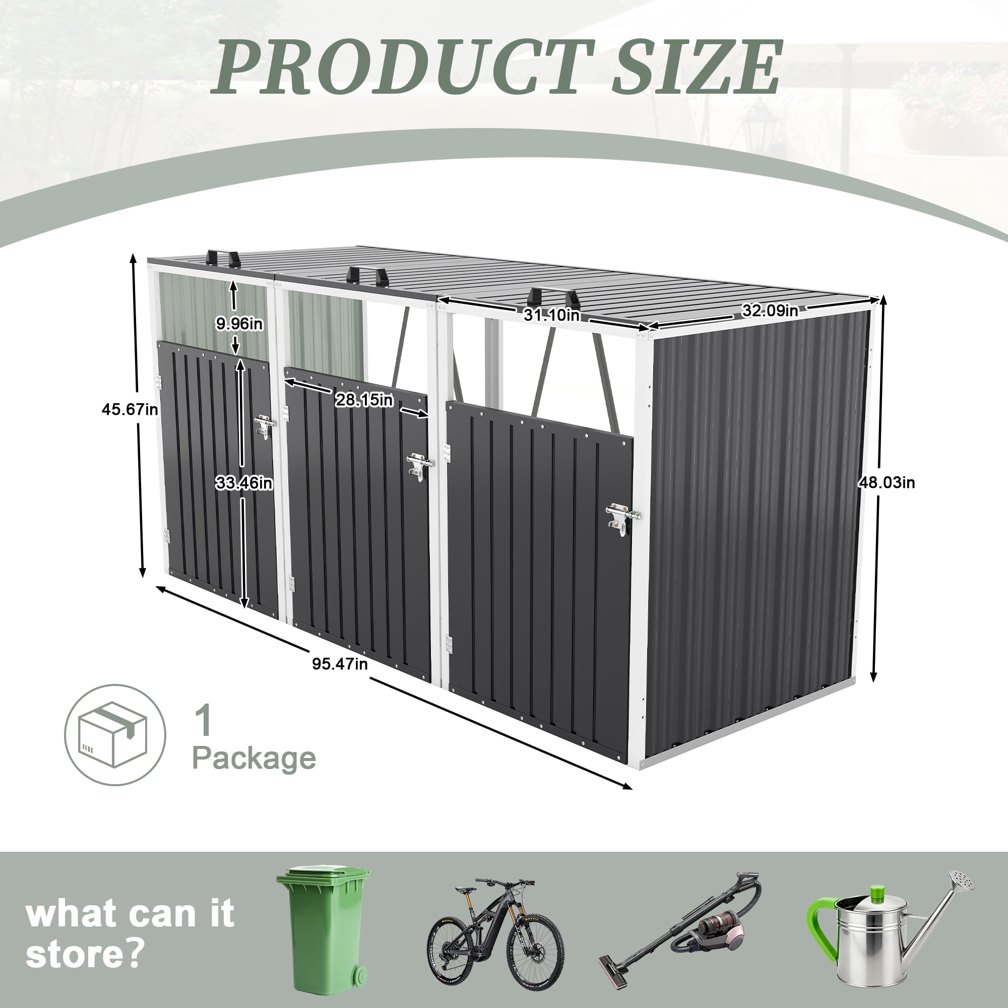 Aukfa 95.5" Outdoor Garbage Bin Storage Shed for 3 Trash Cans, Metal Horizontal Trash Can Storage with Lockable Doors & Lid Chains for Backyard Patio, Dark Gray