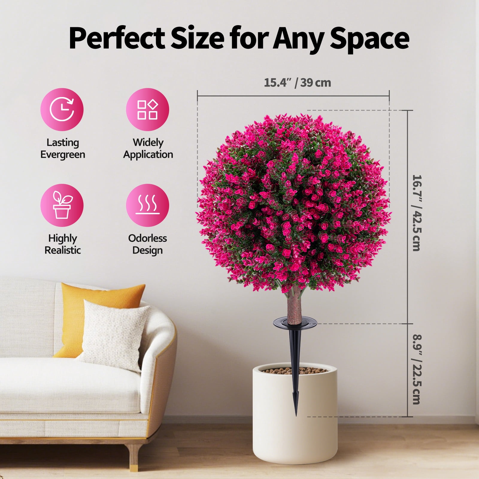 Yonopro Set of 2 Artificial Boxwood Topiary Ball Trees with Pink Flowers for Outdoor with Ground Spike 26", UV Resistant Faux Greenery Shrubs, Fake Plants for Garden, Yard, Porch, Patio Decor