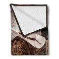 thumbnail image 2 of Western Soft Flannel Fleece Blanket, American West Rodeo Hat Traditional Ranching Robe on Wooden Ground Folk Art Photo, Cozy Plush for Indoor and Outdoor Use, 70" x 90", Brown Beige, by Ambesonne, 2 of 5