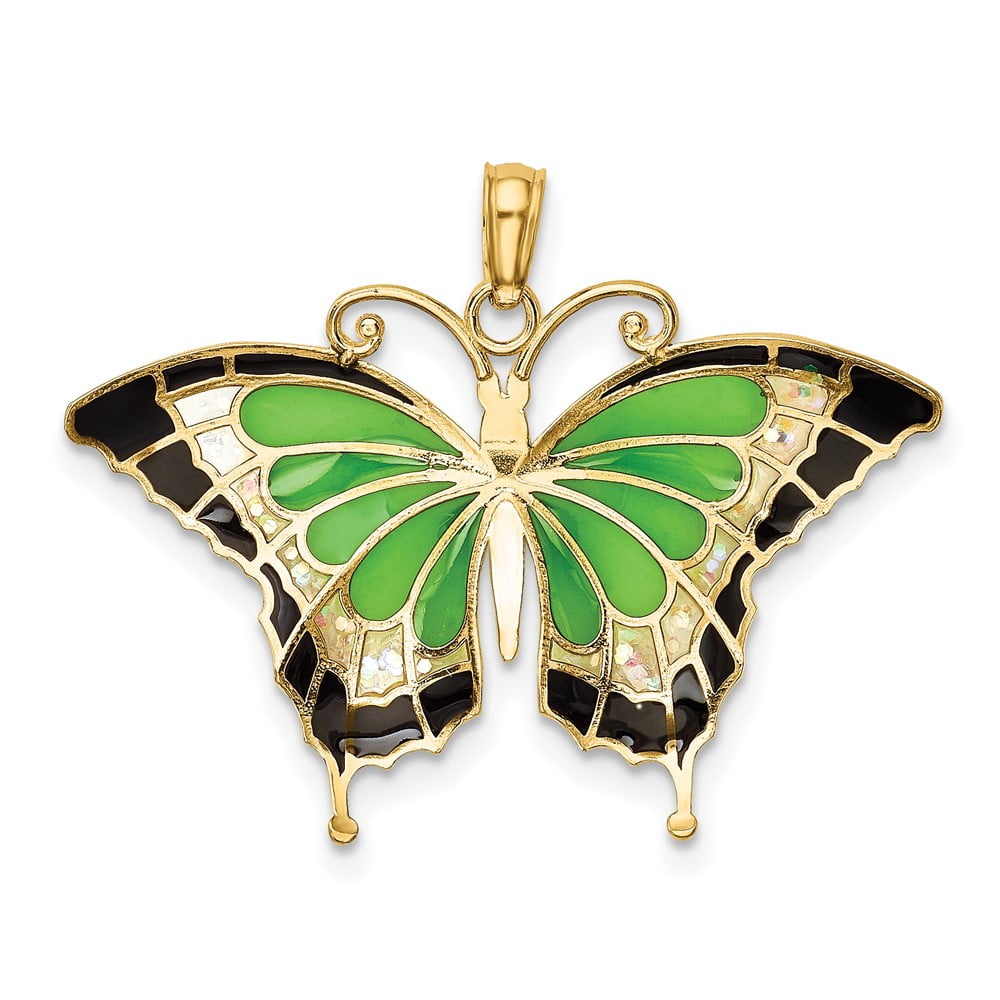 Finest Gold 10K Green Enameled Butterfly Pendant