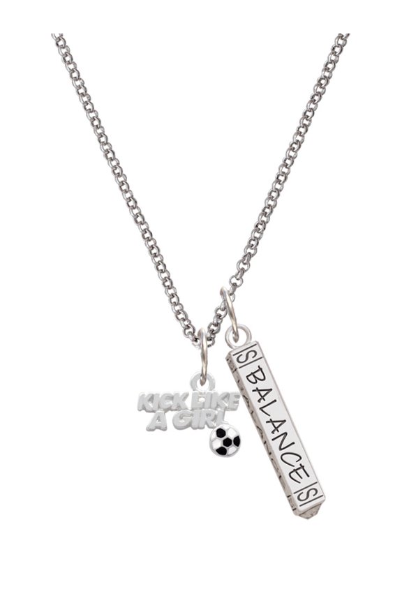 Silvertone Kick Like a Girl with Enamel Soccer Ball Silvertone Balance Bar Charm Necklace, 23"