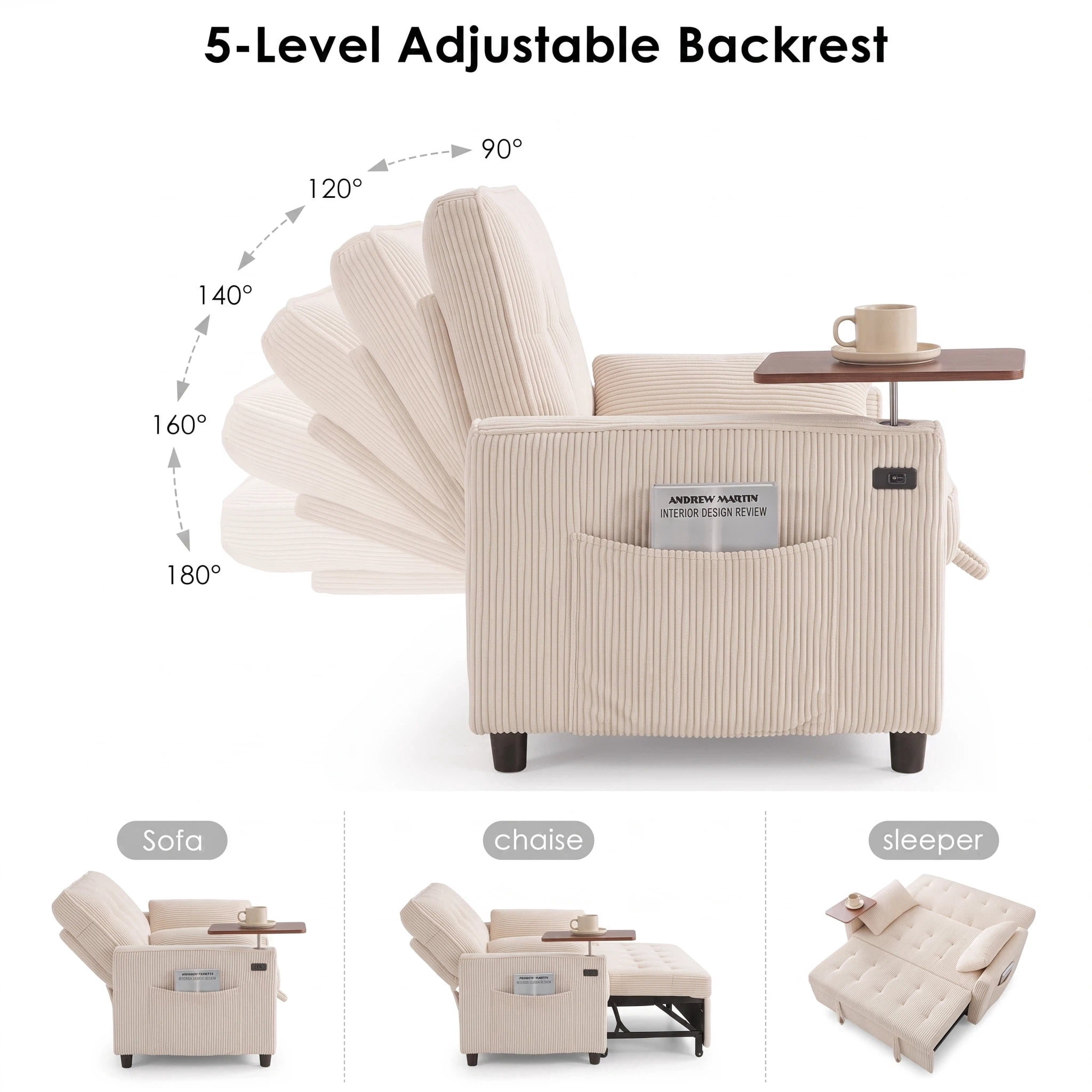 AISWORD 55" 3-in-1 Convertible Sleeper Sofa Bed, Pull Out Loveseat Couch with Side Tray Table & USB Charging Port, Adjustable Backrest Sofa for Apartment, Bedroom, Office, Beige