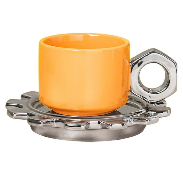 Taza de cerámica para café con leche con platillo, 250 ml, con asa, para té novedoso Naranja
