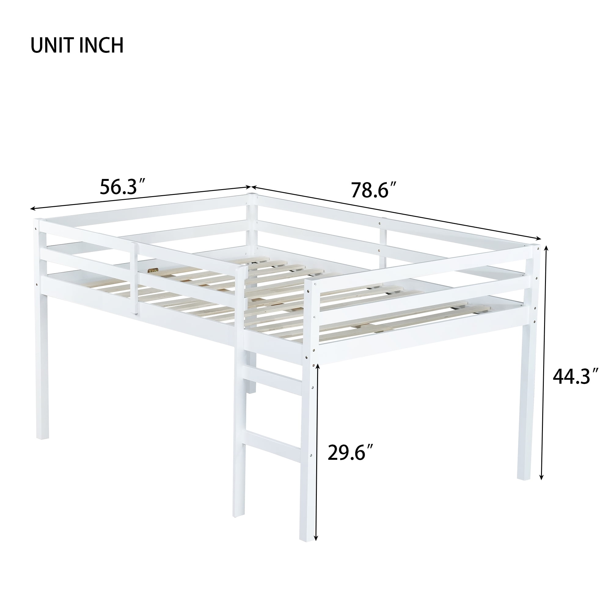 Miniyam Full Loft Bed for Kids, Solid Wood Frame with Ladder and Guardrails, Space-Saving Design, White