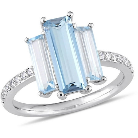 Tangelo 3-1/3 Carat T.G.W. London and Sky Blue Topaz and 1/7 Carat T.W. Diamond 14kt White Gold Baguette Ring