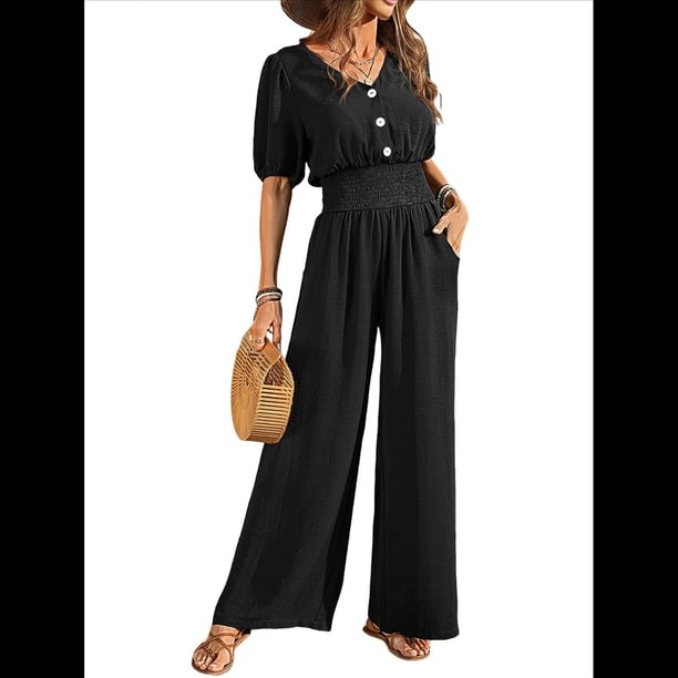 Mono de Mujer de Corta con Cuello en V, Elegante, Informal, con Pierna y Pantalones. Negro M
