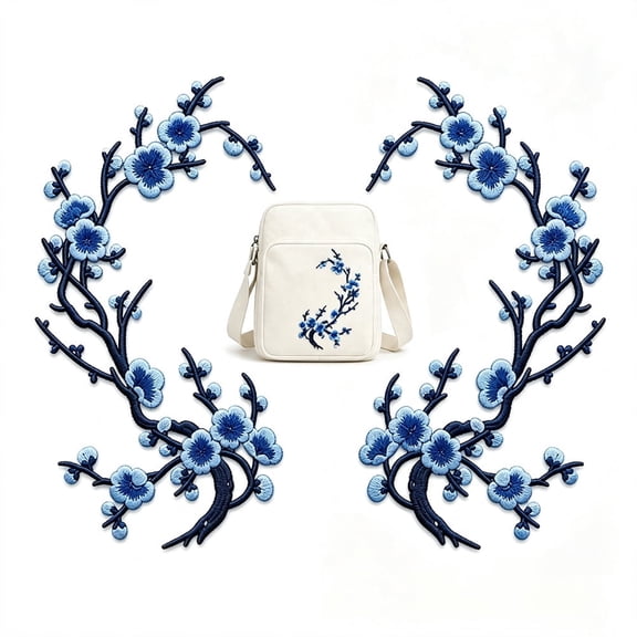 2pcs Cherry Blossom Iron On Patches, Artrylin Embroidered Flower Applique Patches for Jackets, Backpacks, Jeans, Dresses, Hats & DIY Clothing Repair and Decoration (Blue)