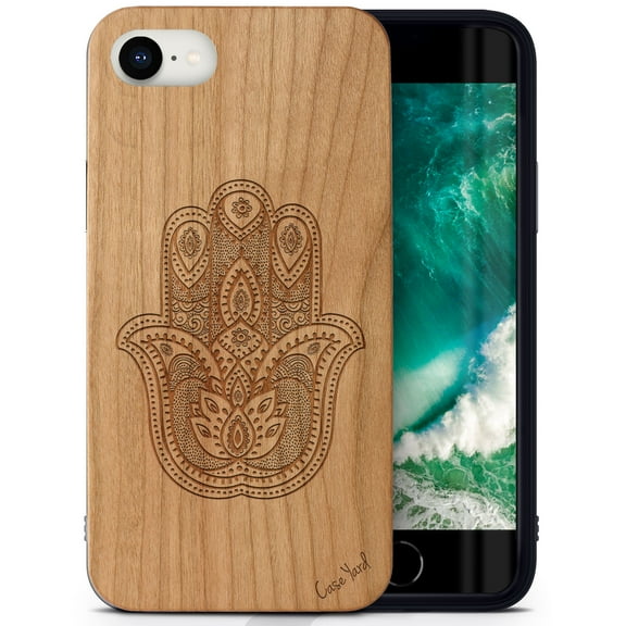 Case Yard Wooden Case Outside Soft TPU Silicone, Slim Fit Shockproof Wood Protective Phone Cover for Girls Boys Men and Women, Supports Wireless Charging Hamsa Hand Design case for iPhone-SE