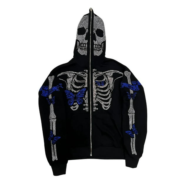 Skeleton Hoodie Women Full Zip Up Hoodie Over Face Oversized Graphic  Rhinestone Skull Streetwear Jacket