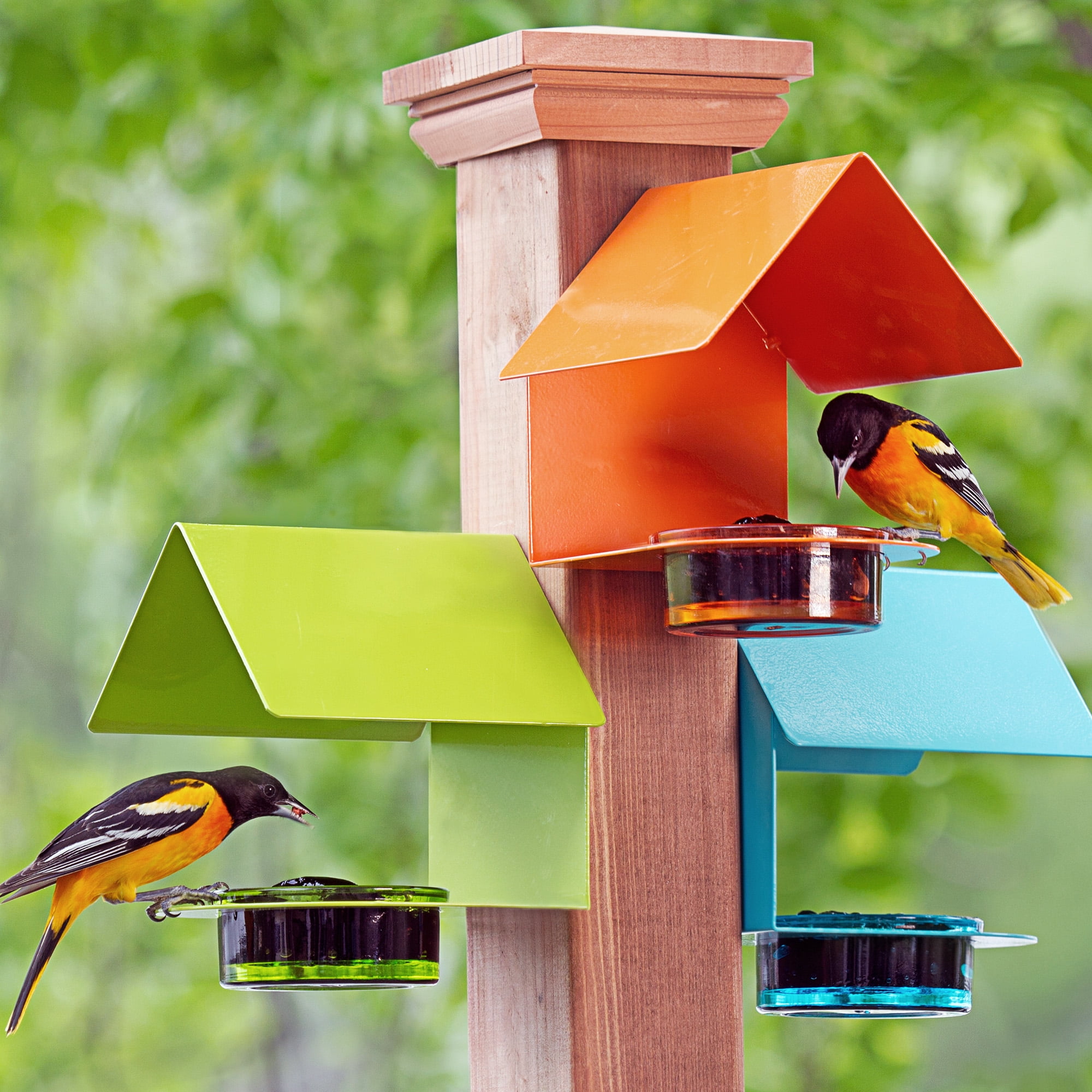 Mosaic Birds Recycled Glass & Metal Bird Feeder Outdoor - Hanging Bird House Feeder for Oriole, Finch - Red