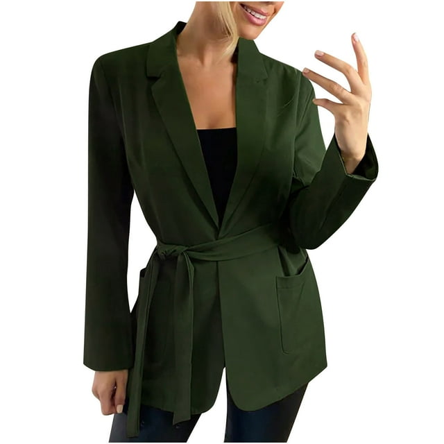 Blazer Chaquetas Para Mujer Vestimenta de Negocios Color Sólido Rebeca de Manga Larga Capa Superior Con Cinturón de Bolsillo Odeerbi ODB184117