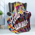 thumbnail image 4 of Hello Summer Soft Flannel Fleece Throw Blanket, Geometrical Tiny Triangles Colorful Cursive and Typographical Composition, Cozy Plush for Indoor and Outdoor Use, 70" x 90", Multicolor, by Ambesonne, 4 of 5