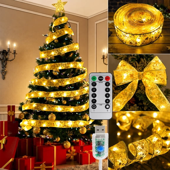 Christmas Tree Decoration Led Ribbon Lights, USB Powered Ribbon String Lights with Remote Control, 33Ft 100 LED Fairy String Lights with 8 Modes & Timer for Wedding Party Christmas Decoration, Gold